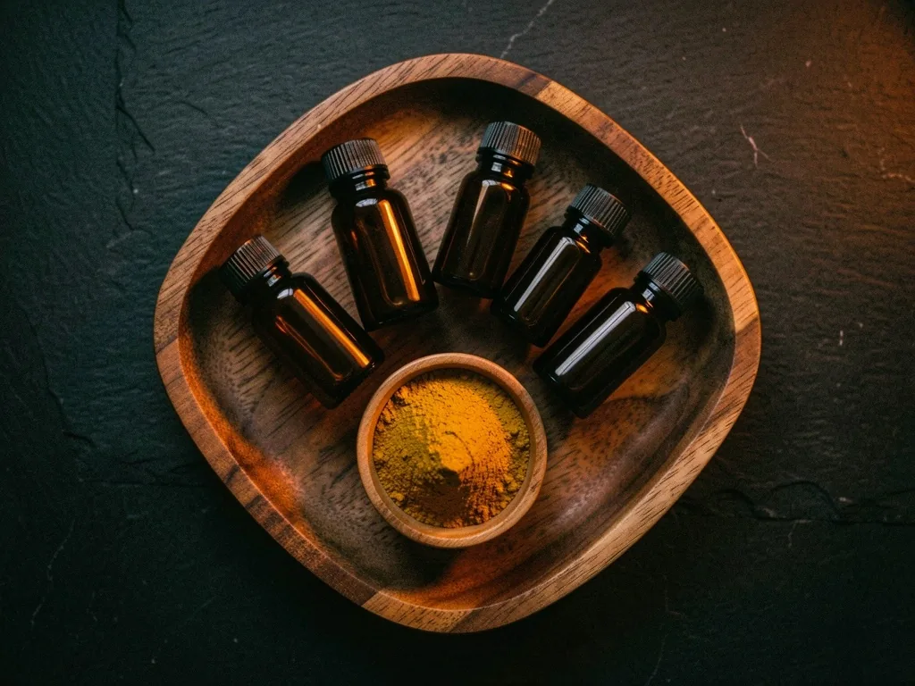 Natural supplement bottles on a wooden tray