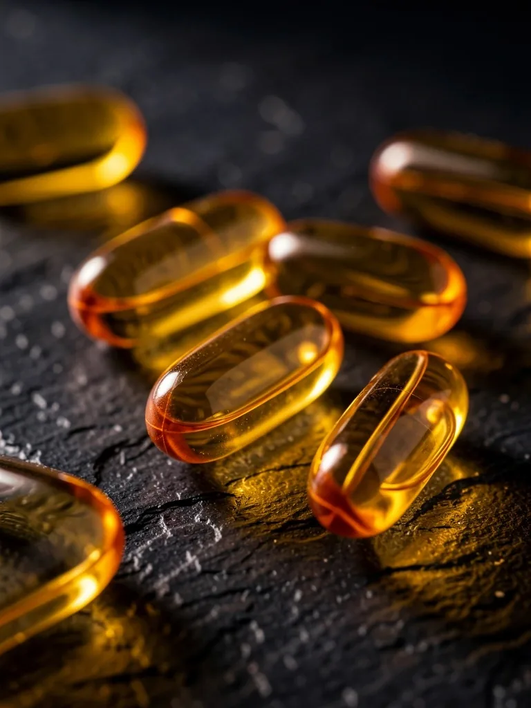 Natural supplement capsules under warm light