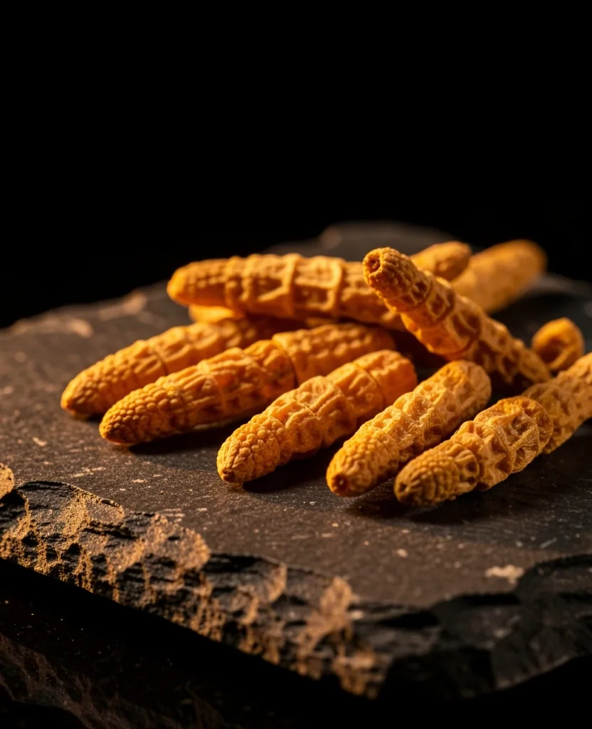 Dried Cordyceps specimens on dark stone