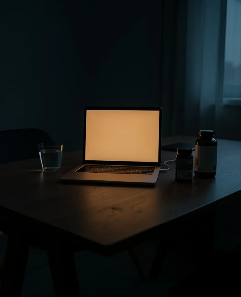 Minimalist desk with warm-lit laptop in dark room