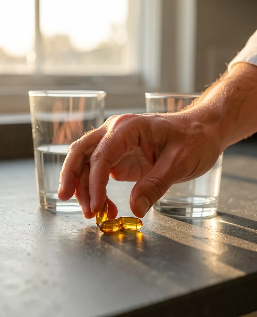 Hand placing natural capsules beside water as part of a daily routine