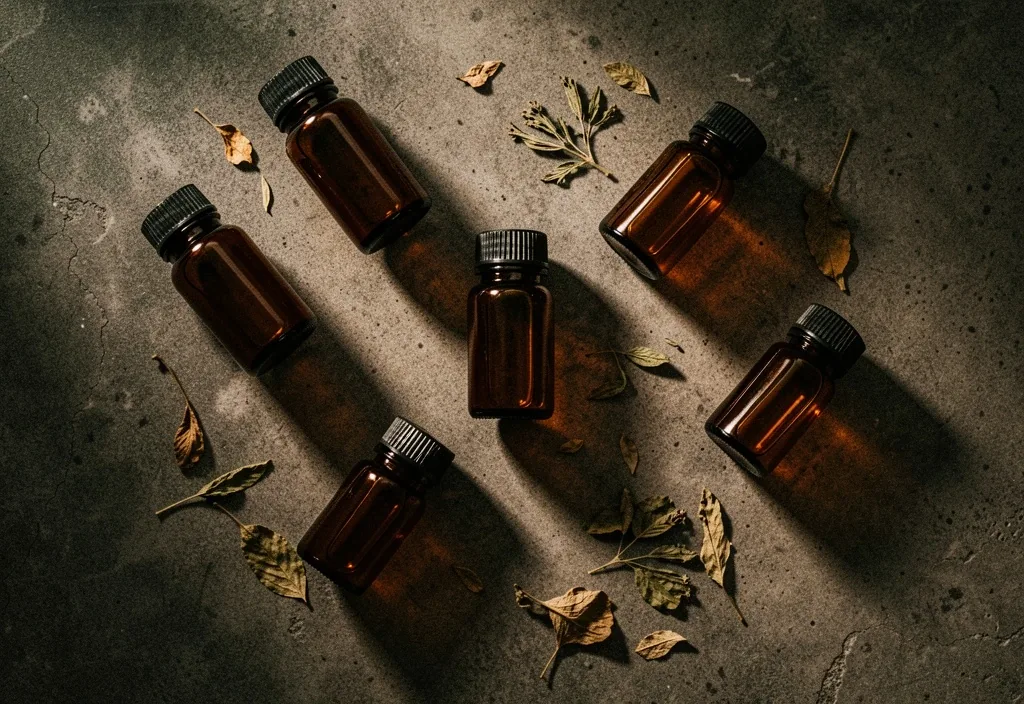 Amber supplement bottles with dried herbs on dark concrete