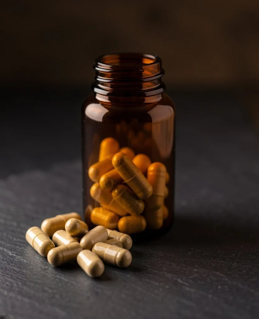 Amber supplement bottle on dark surface