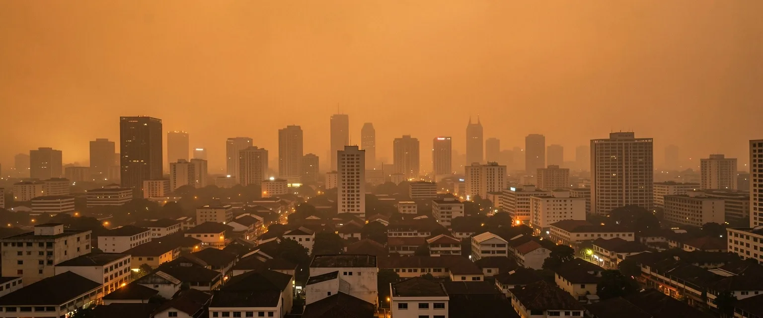 Bandung cityscape at dusk with atmospheric haze